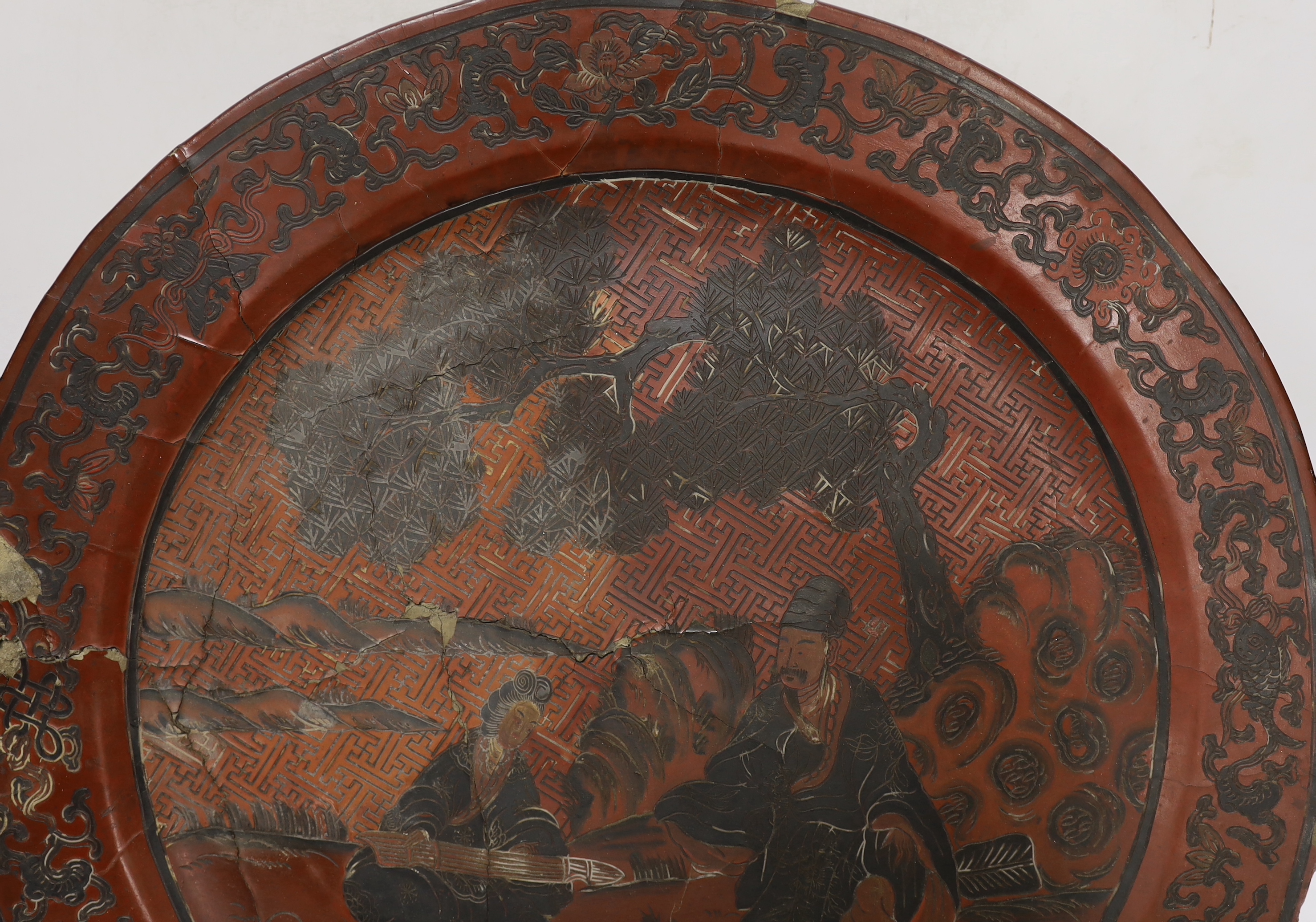 An 18th century Chinese polychrome lacquer large dish on stand, 45.5cm